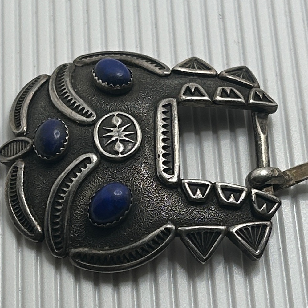 Vintage Sterling Belt Buckle & Slide with Blue Stone Accents - Picture 9 of 11